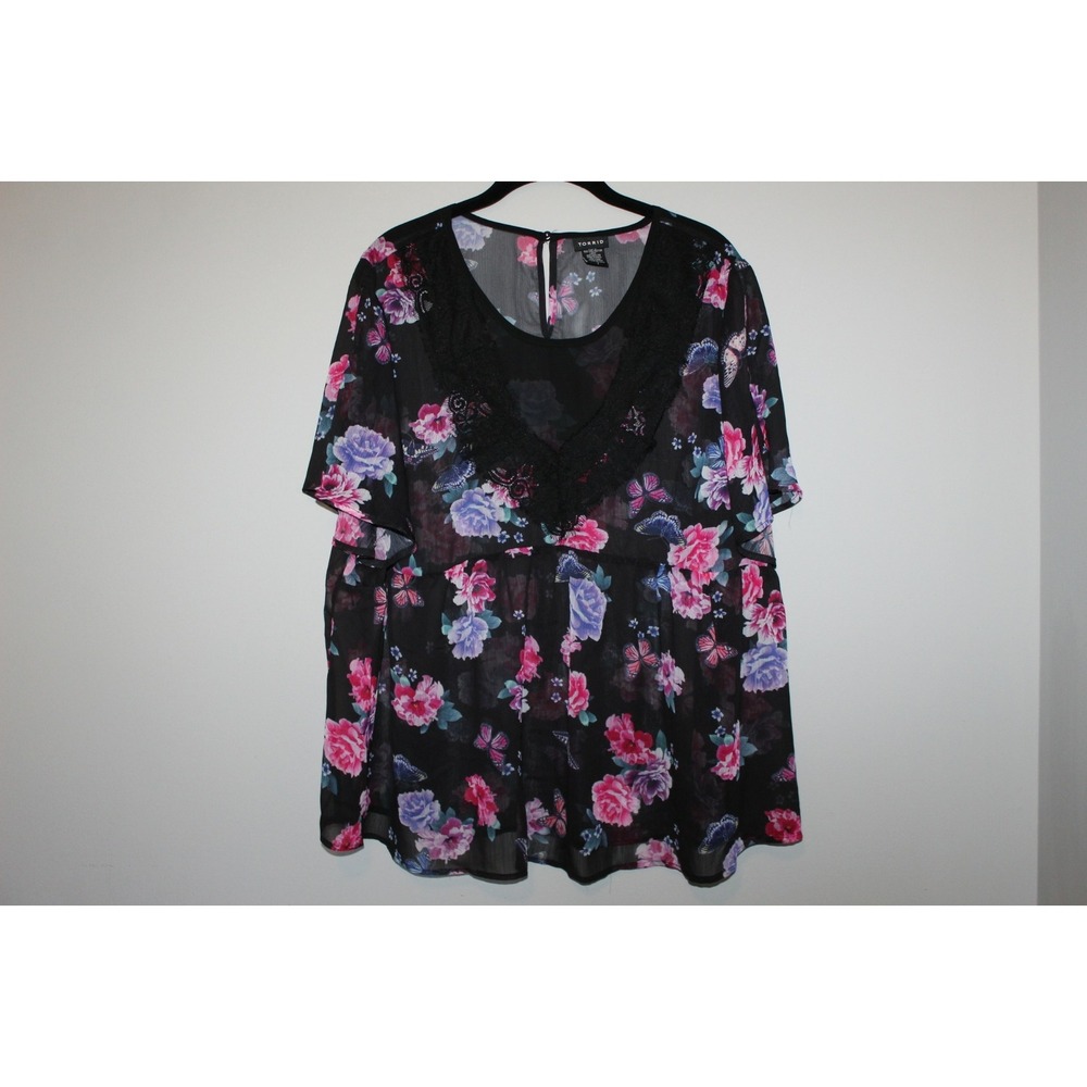 Torrid Multi Color Floral Print Crinkled Chiffon Lace Trim Top Size 1 1X HW9432 - Picture 3 of 8